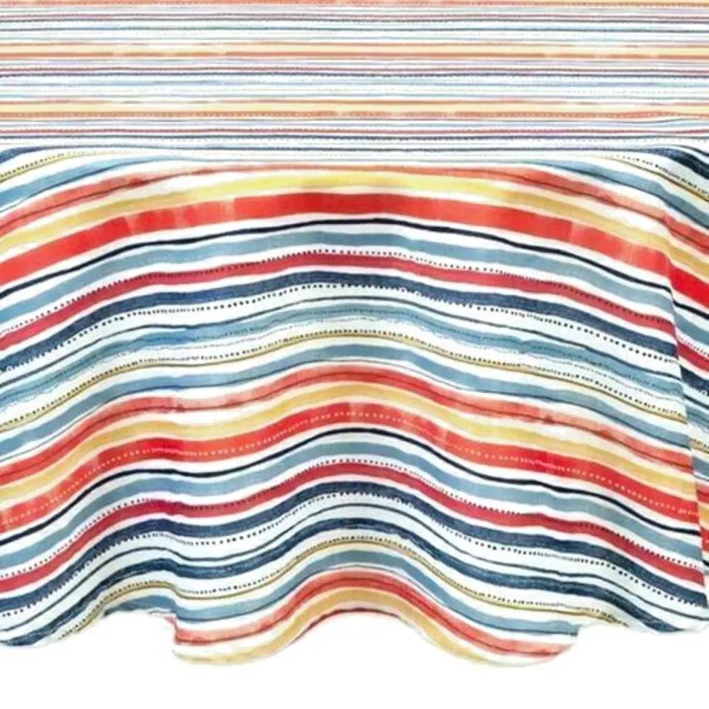 Beach Stripe Fabric Tablecloth Indoor Outdoor 70 RD Summer Machine Wash